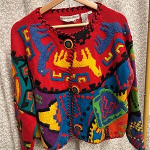 Michael Simon Colorful Vibrant Red and Black Llama Aztec Knit Sweater